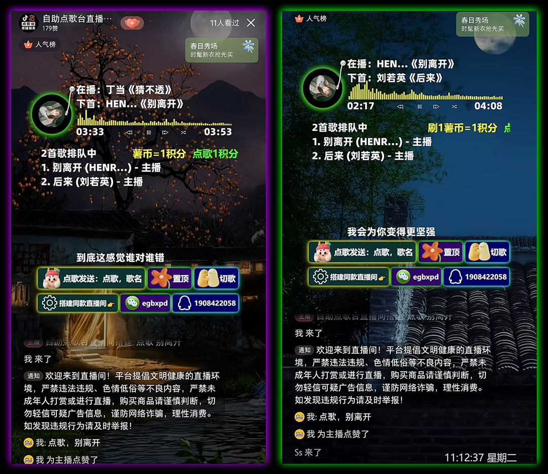 小红书直播项目：竖版自助点歌台直播间